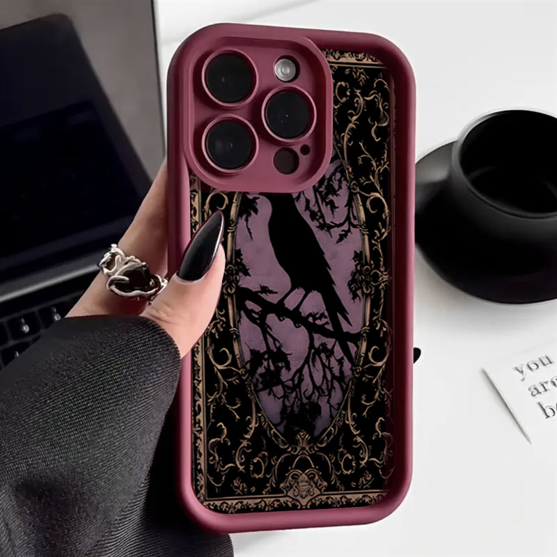 Phone Cases Red - Aesthetic Black Crow Pattern Wine Red