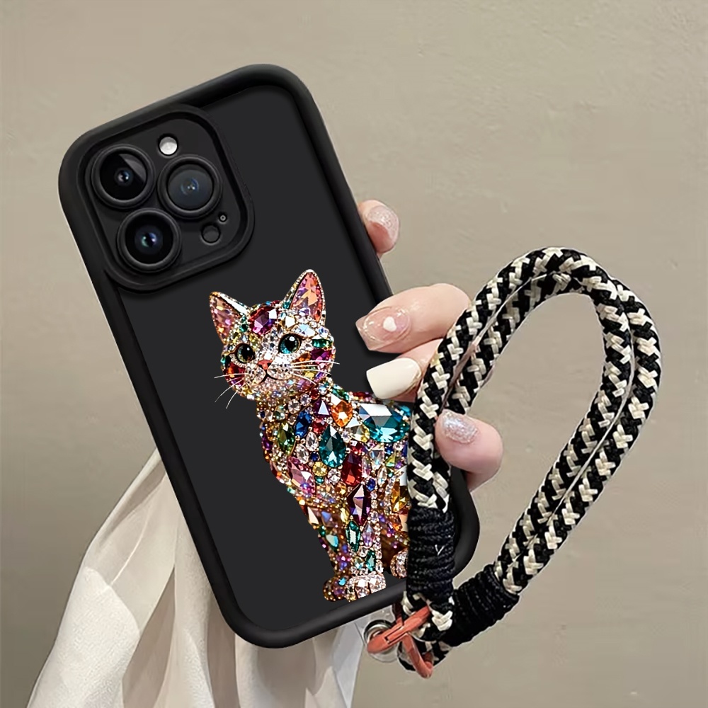Phone Cases With Straps - Colorful Diamond Gem Cat Strap Rope